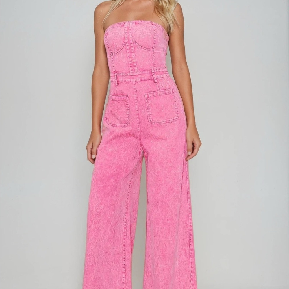 Chic Strapless Pink Denim Jumpsuit